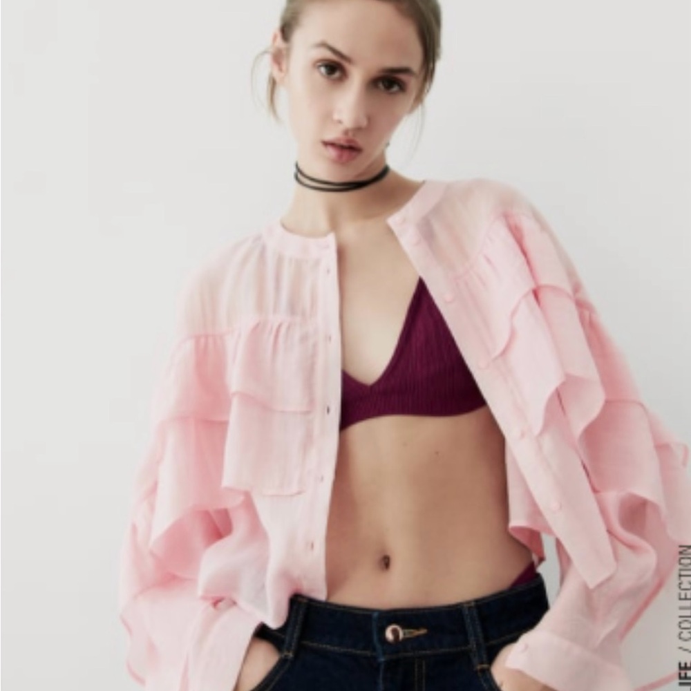 Zara Pink Ruffled Mandarin Collar Blouse